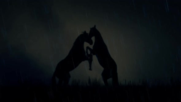 2 Horses Fighting On A Field Under A Lightning Storm