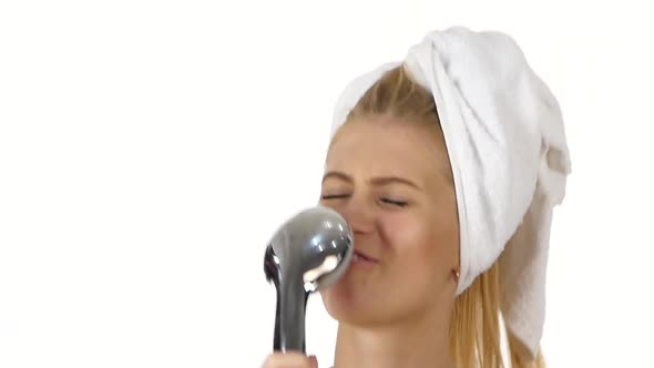 Sexy Woman Singing Under Shower. Close Up, Slow Motion