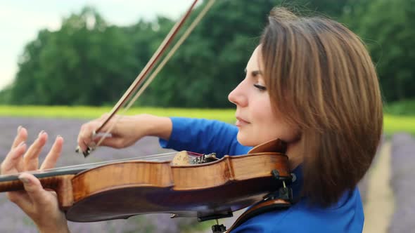 Violinist Playing in Lavender Field Against Forest Background