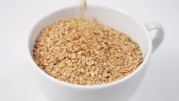 Flax seeds fill a tea white cup 