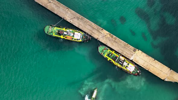 Tugboat to mooring Aerial View 4 K Turkey Alanya