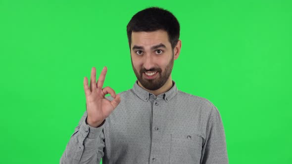 Portrait of Brunette Guy Is Making Sign Ok. Green Screen