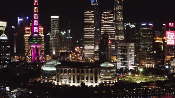 Aerial view of Shanghai downtown at night.