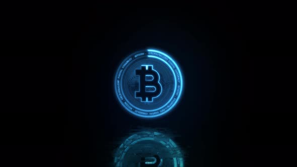 Neon glowing bitcoin cryptocurrency symbol. Concept of digital payments and electronic money.