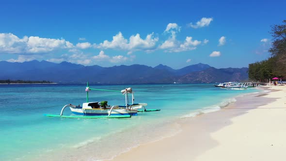 Aerial panorama of tranquil bay beach vacation by transparent water with white sand background of jo