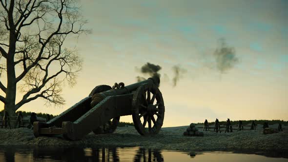 Old-fashioned heavy cannon on wheels firing a bronze ball on a night field.