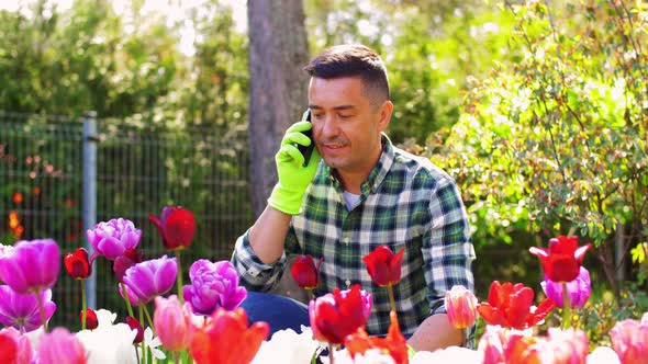 Middle-aged Man with Smartphone at Flower Garden