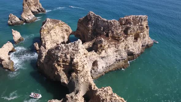 Aerial view of Ponta da Piedade rock formations in Lagos, Portugal