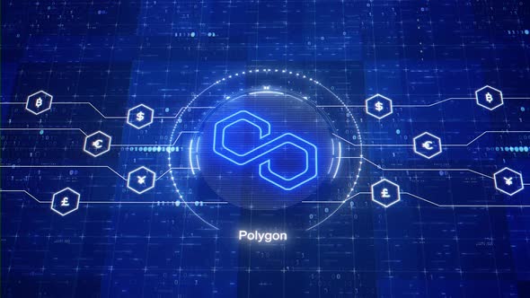 Polygon animated logo. MATIC cryptocurrency. Crypto matic in digital world