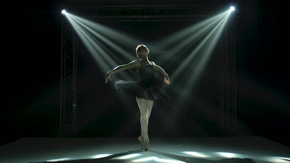 Silhouette a Ballerina in Black Tutu and Pointe Ballet Shoes. Graceful Dancing of Elements Classical