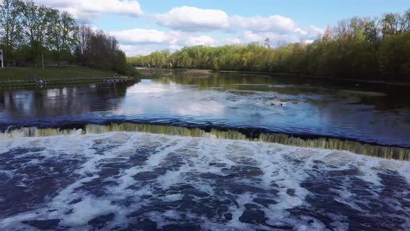 Flying Fish at Ventas Rumba Waterfall in Latvia, Aerial Shot