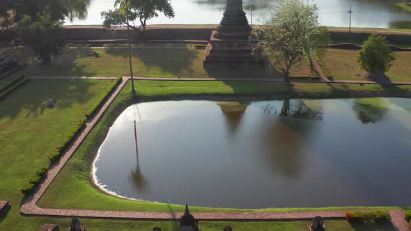 Aerial View of Wat Mahathat Buddha and Temple in Sukhothai Historical Park