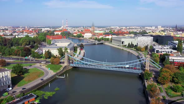 Aerial view of Grunwald Bridge in Wroclaw, Poland