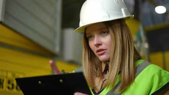 Concentrated Woman in Hard Hat Thinking Writing in Documents Standing in Warehouse