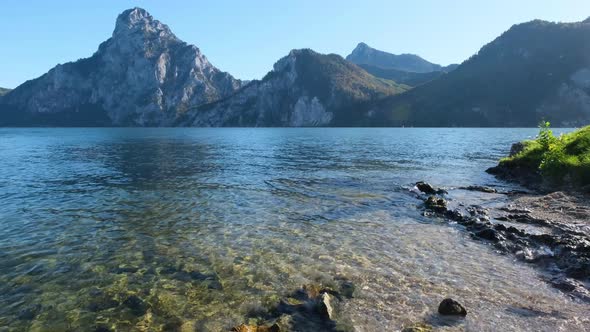 Autumn morning Traunsee lake and Traunstein mountain, Upper Austria