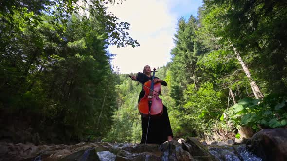 Beautiful woman playing cello. Beautiful young woman playing cello against mountain river