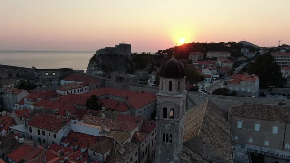 Aerial shot of Dubrovnik Old Town at sunset, city on the Adriatic sea, Croatia