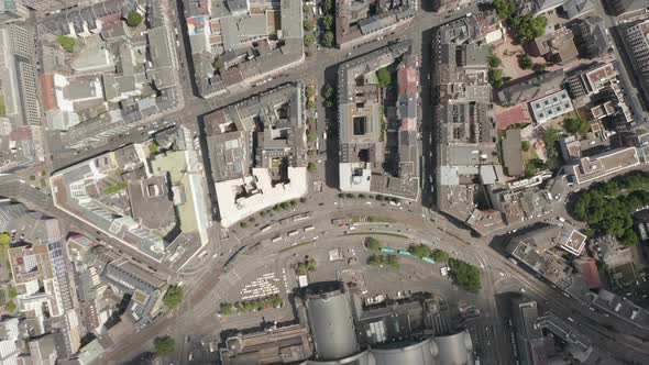 AERIAL: High Overhead Top Down Birds View Shot of Frankfurt Am Main, Germany in Summer, City Streets