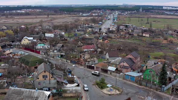 Top view of the road. Aerial view of the destroyed and burnt houses.