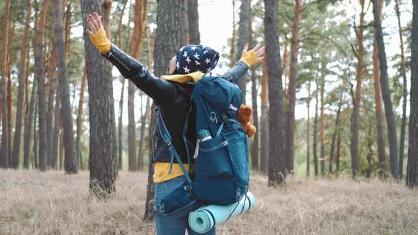 Happy Tourist with Backpack on Forest Pine Trees