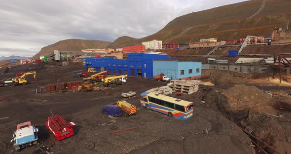 Aerial View Over the Territory of the Mining Settlement Barentsburg. Svalbard. Arctic Ocean Coast