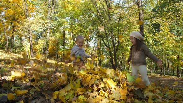 Cute Little Siblings Playing with Leaves in Park