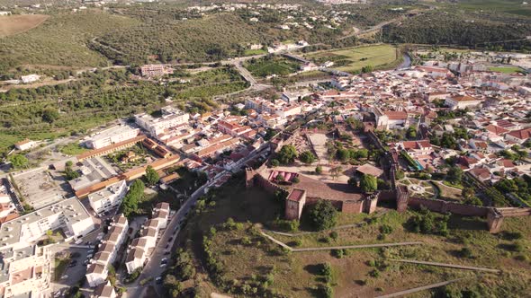 Panoramic scenic view of Silves, Algarve.  Medieval walled city and castle. Aerial