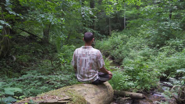 Young man sitting in lotus position on a fallen tree over a little river in a beautiful wild forrest