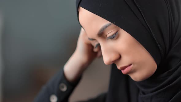 Closeup Face Cute Muslim Woman with Perfect Skin Having Head Pain Ache