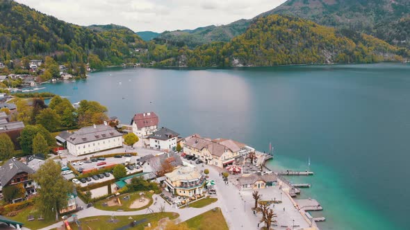 Scenic Aerial View of Mountain Village and Lake, Wolfgangsee, Salzburg, Austria, Alps