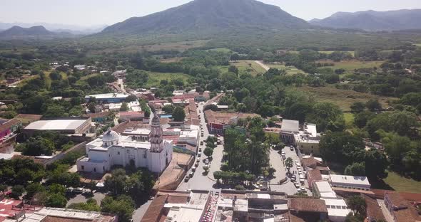 Historic village of Cosala with iconic church, travel destination of Mexico. Summer sunny day, aeria