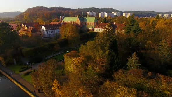 Aerial view of the Oliwa Cathedral in Sopot, autumn time