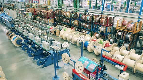 Top View of Multiple Cable Reels Stored at a Cable Manufacturing Facility