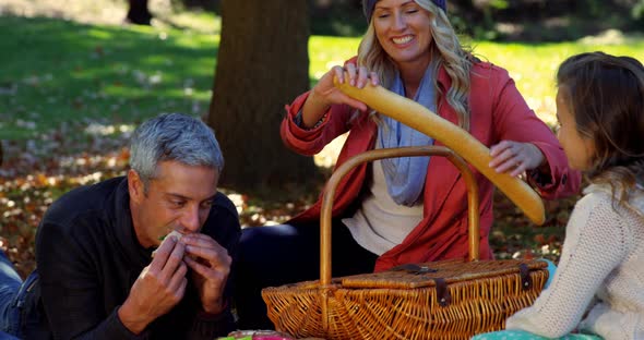 Woman slicing bread during a picnic