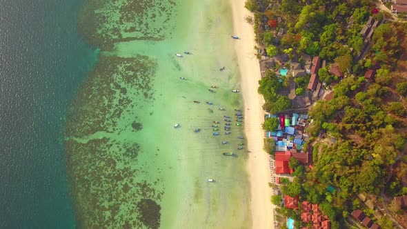 Aerial view of Phi Phi, Maya beach at sunset with Andaman sea in Phuket. Thailand