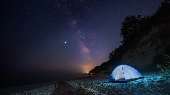 Time lapse with Milky Way galaxy at a sandy beach