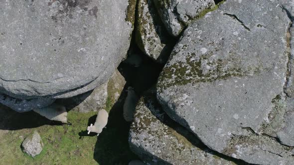 Top down aerial tracking backwards over a rocky outcrop with large boulders surrounded by grassy moo