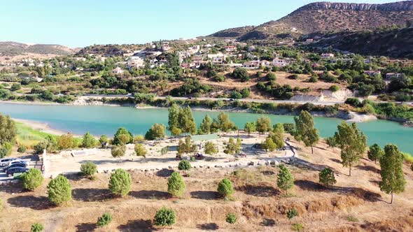 Orbit Shot Of Picnic Area Hill In Middle Of Germasogeia Dam, Limassol City, Cyprus