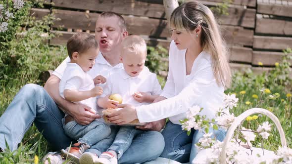 Portrait of Parents with Two Little Sons Having Picnic