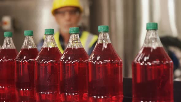 Worker checking juice bottles on production line