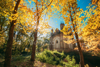 . Old Neo-Gothic chapel-tomb of the clan Orzeszko In Autumn Sunny Day.