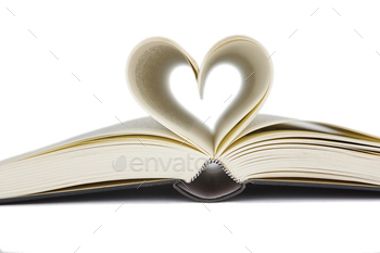 Open book with heart shaped pages. Love for reading. Isolated