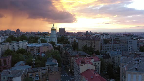 Dramatic Red Sunset in Kiev. Saint Sophia Cathedral and Square in Famous Historical District. Aerial