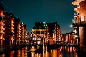 n light illumination. Located in Warehouse District -Speicherstadt Landmark of HafenCity quarter. Most visited touristic famous place.