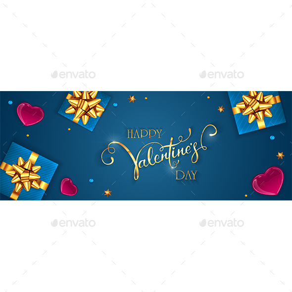 Gift Box with Golden Holiday Bow and Valentines Hearts on Blue Background