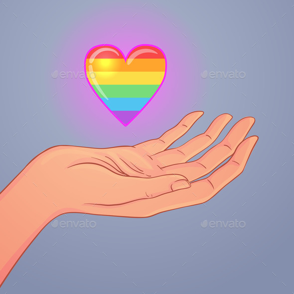 Two Open Hands Raised Up Holding Rainbow Heart