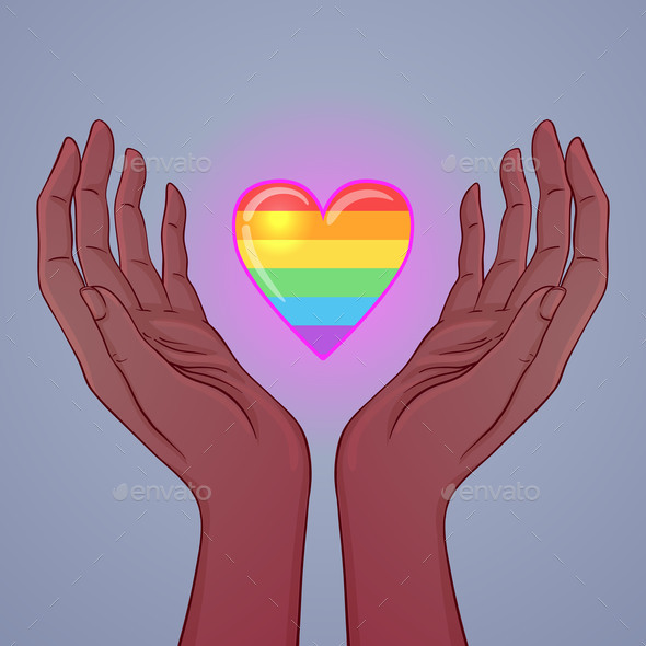 Two Open Hands Raised Up Holding Rainbow Heart