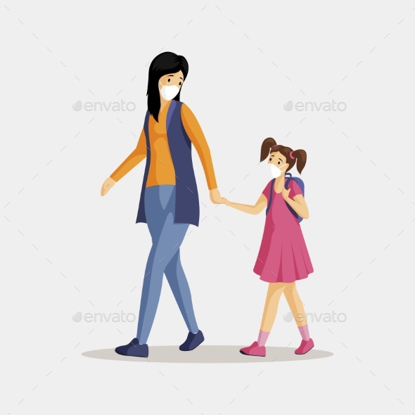 Mother and Daughter in Respirators Illustration