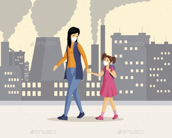 Mother, Daughter in Polluted City Illustration