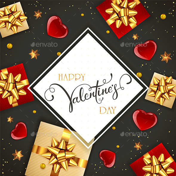 Valentines Hearts and Gifts with Golden Bows on Black Background